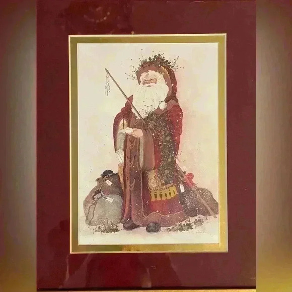 Other - 1 FRAMED Peggy Abrams Santa Claus  Father Christmas Print. Burgundy & gold matte